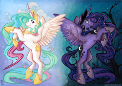 Size: 1024x724 | Tagged: safe, artist:reaperfox, princess celestia, princess luna, alicorn, pony, g4, duo, duo female, female, mare, rearing, sisters, ultimate luna