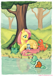 Size: 620x884 | Tagged: safe, artist:reaperfox, fluttershy, bulbasaur, charmander, pegasus, piplup, pony, squirtle, g4, crossover, female, mare, pokémon