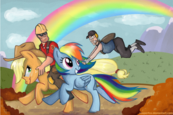 Size: 864x577 | Tagged: safe, artist:reaperfox, applejack, rainbow dash, earth pony, human, pegasus, pony, g4, crossover, engineer, engineer (tf2), female, humans riding ponies, male, mare, rainbow, riding, scout (tf2), team fortress 2