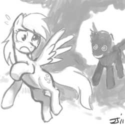 Size: 1280x1280 | Tagged: safe, artist:johnjoseco, derpy hooves, screwball, pegasus, pony, g4, female, grayscale, mare, monochrome