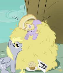 Size: 600x700 | Tagged: safe, artist:mewcherrii, derpy hooves, dinky hooves, pegasus, pony, g4, duo, equestria's best mother, female, flying lesson, food, hay, haystack, mare, mother and daughter, muffin