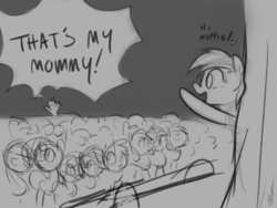 Size: 900x675 | Tagged: safe, artist:egophiliac, derpy hooves, dinky hooves, pegasus, pony, g4, hearth's warming eve (episode), audience, crowd, dialogue, equestria's best mother, female, grayscale, hearth's warming eve, mare, monochrome, sketch, speech bubble, waving