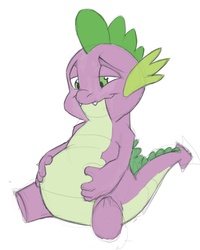 Size: 850x1063 | Tagged: safe, artist:canson, spike, dragon, g4, baby, baby dragon, belly, bhm, big belly, fangs, fat, fat spike, hands on belly, male, smiling, stuffed