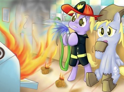 Size: 1988x1483 | Tagged: safe, artist:041744, derpy hooves, dinky hooves, pegasus, pony, g4, clothes, costume, female, fire, firefighter, firefighter dinky hooves, hose, i just don't know what went wrong, kitchen, mare, muffin, nightmare night costume