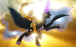 Size: 1920x1200 | Tagged: safe, artist:atomic-chinchilla, princess luna, g4, backlighting, beast wars, crossover, dinobot, duo, flying, magic, riding, sword, transformers, weapon