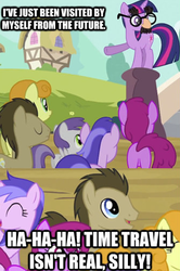 Size: 335x504 | Tagged: safe, edit, edited screencap, screencap, berry punch, berryshine, carrot top, doctor whooves, golden harvest, sea swirl, seafoam, time turner, tornado bolt, twilight sparkle, earth pony, pony, unicorn, g4, it's about time, butt, caption, comic, female, groucho mask, male, mare, plot, raised hoof, screencap comic, stallion, time travel, unicorn twilight