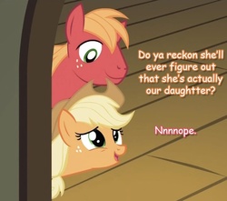 Size: 690x611 | Tagged: safe, edit, edited screencap, screencap, applejack, big macintosh, earth pony, pony, g4, applecest, dialogue, female, implied apple bloom, inbred, incest, male, mare, offspring, parent, product of incest, ship:applemac, shipping, smiling, stallion, straight, text
