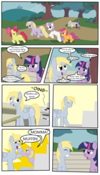 Size: 1190x2064 | Tagged: safe, artist:jake heritagu, apple bloom, derpy hooves, dinky hooves, scootaloo, sweetie belle, twilight sparkle, earth pony, pegasus, pony, unicorn, g4, birth, comic, creation, cutie mark crusaders, dialogue, female, mare, oven, sitting
