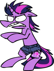 Size: 472x628 | Tagged: safe, artist:ghost, twilight sparkle, pony, unicorn, g4, bipedal, clothes, female, male, mullet, pants, regular show, simple background, solo, transparent background, unicorn twilight