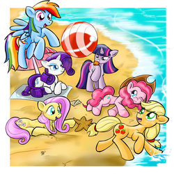 Size: 4000x4000 | Tagged: dead source, safe, artist:bufbaf, applejack, fluttershy, pinkie pie, rainbow dash, rarity, twilight sparkle, earth pony, pegasus, pony, unicorn, g4, absurd resolution, beach, female, mane six, mare, unicorn twilight