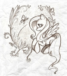 Size: 661x750 | Tagged: dead source, safe, artist:kaliptro, fluttershy, butterfly, pegasus, pony, g4, female, flying, mare, monochrome, sketch, solo, traditional art