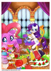 Size: 848x1190 | Tagged: dead source, safe, artist:kaliptro, pinkie pie, rarity, twilight sparkle, earth pony, pony, unicorn, g4, cake, candy, chair, female, food, lollipop, magic, mare, micro, simple background, sitting, sparkly eyes, table, tea, teacup, telekinesis, trio, white background, wingding eyes