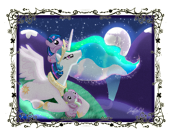 Size: 600x480 | Tagged: safe, artist:cryssy-miu, princess celestia, spike, twilight sparkle, g4, baby, baby dragon, filly, foal, momlestia, moon, newborn