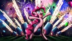 Size: 1920x1080 | Tagged: dead source, safe, artist:forevernyte, pinkie pie, earth pony, pony, g4, arms wide open, balloon, bipedal, color porn, confetti, eyestrain warning, featured image, female, fireworks, happy, looking up, night, open mouth, party cannon, smiling, solo, wallpaper