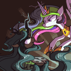 Size: 1024x1024 | Tagged: safe, artist:karzahnii, princess celestia, queen chrysalis, alicorn, changeling, changeling queen, pony, g4, angry, duo, female, glare, glowing horn, horn, looking at each other, mare, pixel art