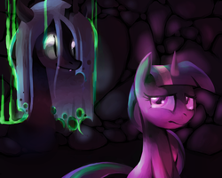 Size: 1280x1024 | Tagged: safe, artist:karzahnii, queen chrysalis, twilight sparkle, changeling, changeling queen, g4, crying, female, scared