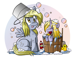 Size: 576x437 | Tagged: safe, artist:xkappax, derpy hooves, dinky hooves, pegasus, pony, g4, bath, brush, bubble, bucket, equestria's best mother, female, laughing, mare, puddle, rubber duck, soap, tongue out, wet, wet mane