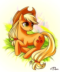 Size: 1500x1800 | Tagged: safe, artist:katiramoon, applejack, earth pony, pony, g4, female, grass, looking back, mare, prone, solo