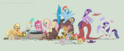 Size: 1795x750 | Tagged: safe, artist:celestiathegreatest, apple bloom, applejack, discord, fluttershy, pinkie pie, rainbow dash, rarity, scootaloo, sweetie belle, twilight sparkle, draconequus, earth pony, pegasus, pony, unicorn, g4, :p, backrub, balloon, bodypaint, book, bow, brushie, brushing, cutie mark crusaders, detailed, dressup, female, filly, fluttershy riding discord, glare, hoof hold, levitation, licking, licking lips, magic, male, mane six, mare, massage, mud mask, open mouth, paint, paintbrush, preening, rainbow dash riding discord, ribbon, riding, simple background, smiling, spread wings, telekinesis, tied up, tongue out, twilight riding discord