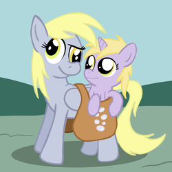 Size: 900x900 | Tagged: safe, artist:tranquilmind, derpy hooves, dinky hooves, pegasus, pony, g4, equestria's best mother, female, mailbag, mare