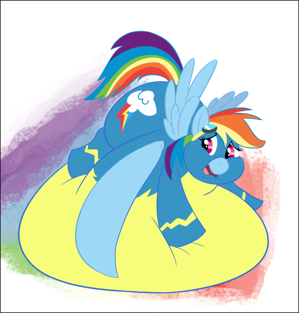 rainbow dash, belly, belly bed, clothes, fat, female, impossibly large bell...
