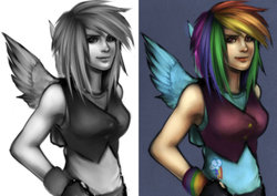 Size: 1024x724 | Tagged: safe, artist:rizcifra, rainbow dash, human, g4, armpits, female, humanized, solo, winged humanization, wings