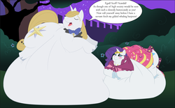 Size: 1280x793 | Tagged: safe, artist:samael, prince blueblood, rarity, g4, belly, belly bed, bhm, clothes, dress, fat, gala dress, glass slipper (footwear), glass slippers, high heels, hypocrisy, immobile, impossibly large belly, morbidly obese, obese, pot calling the kettle black, prince blueblob, raritubby, shoes