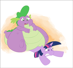 Size: 1280x1184 | Tagged: safe, artist:samael, spike, twilight sparkle, g4, bhm, crushing, fat, fat spike, flattened, morbidly obese, obese, sitting