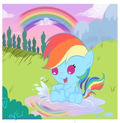 Size: 800x818 | Tagged: safe, artist:freewingss, rainbow dash, pony, g4, baby, baby dash, baby pony, cute, dashabetes, female, filly, foal, puddle, rainbow, solo