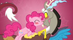 Size: 692x386 | Tagged: safe, artist:ponifiedperegrine, discord, pinkie pie, g4, blushing, female, kissing, male, ship:discopie, shipping, straight