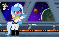 Size: 1100x688 | Tagged: safe, artist:pixelkitties, derpy hooves, gummy, trixie, pegasus, pony, unicorn, g4, boots, clothes, crossover, female, grand admiral thrawn, mare, planet, rearing, shoes, star wars, thrawn, uniform, ysalamir