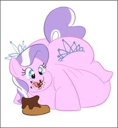 Size: 698x756 | Tagged: safe, artist:samael, diamond tiara, earth pony, pony, g4, butt, cake, chubby diamond, fat, food, impossibly large belly, messy eating, morbidly obese, obese, plot, solo