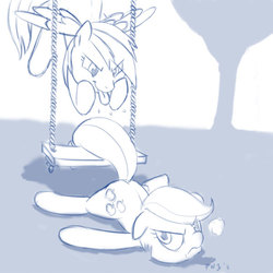 Size: 600x600 | Tagged: safe, artist:warepwn3, applejack, rainbow dash, earth pony, pegasus, pony, g4, duo, female, looking at each other, looking at someone, mare, monochrome, swing