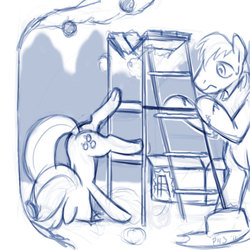 Size: 600x600 | Tagged: safe, artist:warepwn3, applejack, big macintosh, earth pony, pony, g4, accident, face down ass up, faceplant, fail, ladder, monochrome, silly, silly pony, who's a silly pony