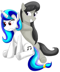 Size: 4515x5446 | Tagged: safe, artist:playfulpossum, dj pon-3, octavia melody, vinyl scratch, earth pony, pony, unicorn, g4, absurd resolution, alternate hairstyle, amused, duo, female, lesbian, mare, octavia is amused, ship:scratchtavia, shipping, simple background, unamused, vinyl class, vinyl scratch is not amused, white background
