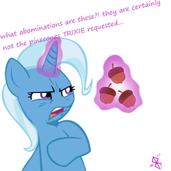 Size: 1200x1200 | Tagged: safe, artist:docbullet, trixie, pony, unicorn, g4, acorn, disgusted, ew gay, female, magic, mare, pinecone, simple background, solo, telekinesis, white background
