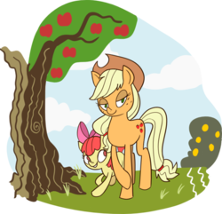 Size: 600x579 | Tagged: safe, artist:grendel-the-monster, apple bloom, applejack, earth pony, pony, g4, apple, apple tree, bedroom eyes, female, filly, foal, food, mare, raised hoof, tree