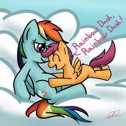 Size: 2000x2000 | Tagged: safe, artist:docbullet, rainbow dash, scootaloo, pegasus, pony, g4, cloud, duo, female, filly, high res, mare