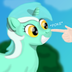 Size: 850x850 | Tagged: safe, artist:revokat, lyra heartstrings, human, pony, g4, boop, grin, hand, humie, irrational exuberance, poking, rational exuberance, smiling, squee, that pony sure does love hands