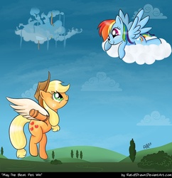 Size: 750x775 | Tagged: safe, artist:ratofdrawn, applejack, rainbow dash, earth pony, pegasus, pony, g4, artificial wings, augmented, cloud, cloudsdale, cloudy, duo, female, lesbian, mare, mechanical wing, ship:appledash, shipping, wings