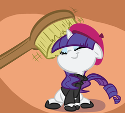 Size: 770x700 | Tagged: safe, artist:tess, rarity, pony, unicorn, g4, babity, baby, baby pony, beatnik rarity, beret, brush, brushie, clothes, cute, eyes closed, female, hat, raribetes, solo, sweater, unshorn fetlocks, younger