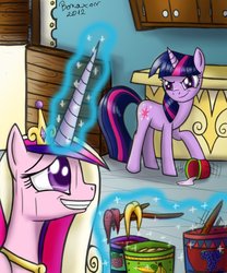 Size: 816x979 | Tagged: safe, artist:bonaxor, princess cadance, twilight sparkle, pony, unicorn, g4, female, food, ice cream, levitation, looking at each other, magic, mare, sisters-in-law, telekinesis