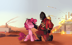Size: 1280x800 | Tagged: safe, artist:karzahnii, pinkie pie, human, g4, crossover, duo, eyes closed, hat, propeller hat, pyro (tf2), team fortress 2