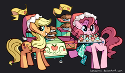 Size: 1020x599 | Tagged: safe, artist:karzahnii, applejack, pinkie pie, g4, cake, clothes, duo, flag, food, hat, mouth hold, pie, raised hoof, scarf, smiling, tray
