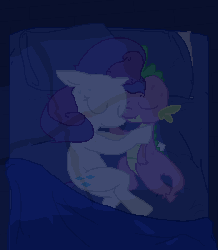 Size: 700x800 | Tagged: safe, artist:weaver, rarity, spike, dragon, pony, unicorn, g4, bed, blush sticker, blushing, cuddling, female, gif, male, mare, non-animated gif, ship:sparity, shipping, sleeping, smiling, straight, sweat