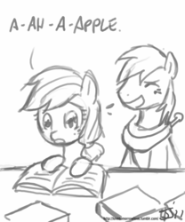 Size: 667x800 | Tagged: safe, artist:johnjoseco, applejack, big macintosh, earth pony, pony, g4, book, filly, foal, grayscale, illiteracy, male, monochrome, reading, stallion