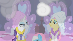 Size: 853x480 | Tagged: safe, fluttershy, rarity, g4, bathrobe, clothes, robe, spa