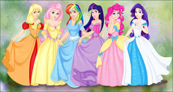 Size: 1024x547 | Tagged: safe, artist:madam-marla, applejack, fluttershy, pinkie pie, rainbow dash, rarity, twilight sparkle, human, g4, clothes, crossover, disney, disney princess, dress, female, humanized, mane six, ponified