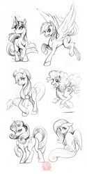 Size: 666x1332 | Tagged: safe, artist:kaijusamurai, applejack, fluttershy, pinkie pie, rainbow dash, rarity, twilight sparkle, earth pony, pegasus, pony, unicorn, g4, applejack's hat, blushing, butt, cowboy hat, female, hat, lidded eyes, mane six, mare, monochrome, open mouth, plot, sitting, smiling, unshorn fetlocks