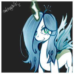 Size: 520x520 | Tagged: safe, artist:modikox, queen chrysalis, changeling, changeling queen, g4, alternate color palette, black background, female, glowing horn, grin, horn, lidded eyes, looking at you, signature, simple background, smiling, smirk, solo, standing